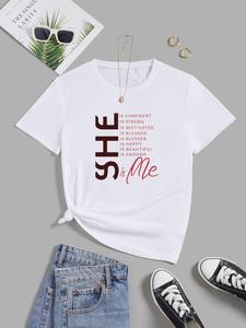 ImprinTee Women's Letter Print Round Neck Tee, Trendy Casual Short Sleeve T-shirt for Daily Wear, Ladies Summer Outfit