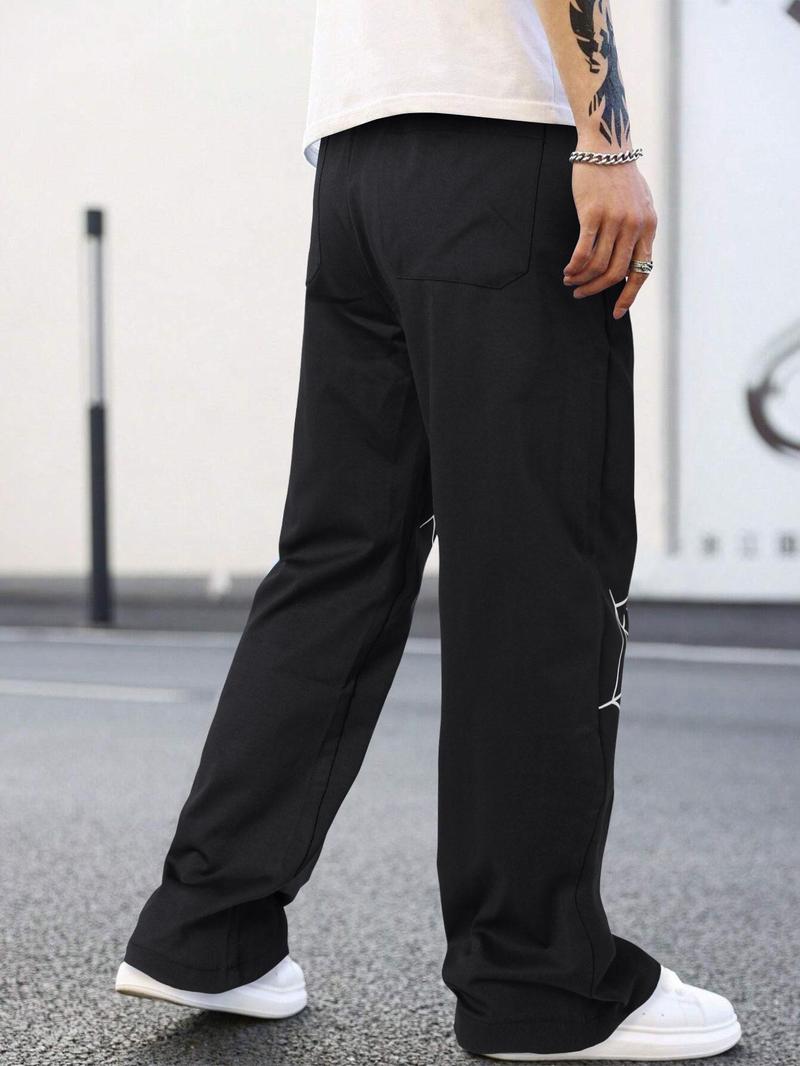 Product Introduction of Men's Loose Spider Web Print Drawstring Waist Straight Leg Pants, Casual Street Pocket Trousers for Daily Wear, Fashion Men's Bottoms for All Seasons, National Day Clothing 13