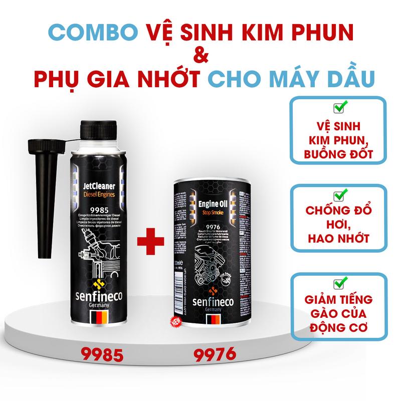  Senfineco Combo phổ thông máy dầu: Chai vệ sinh kim phun máy dầu JetCleaner Diesel Engines 9985 và lon phụ gia nhớt bảo vệ động cơ chống đổ hơi Engine Oil Stop Smoke 9976 Dung tích 300ml   baoduong  xe oto 