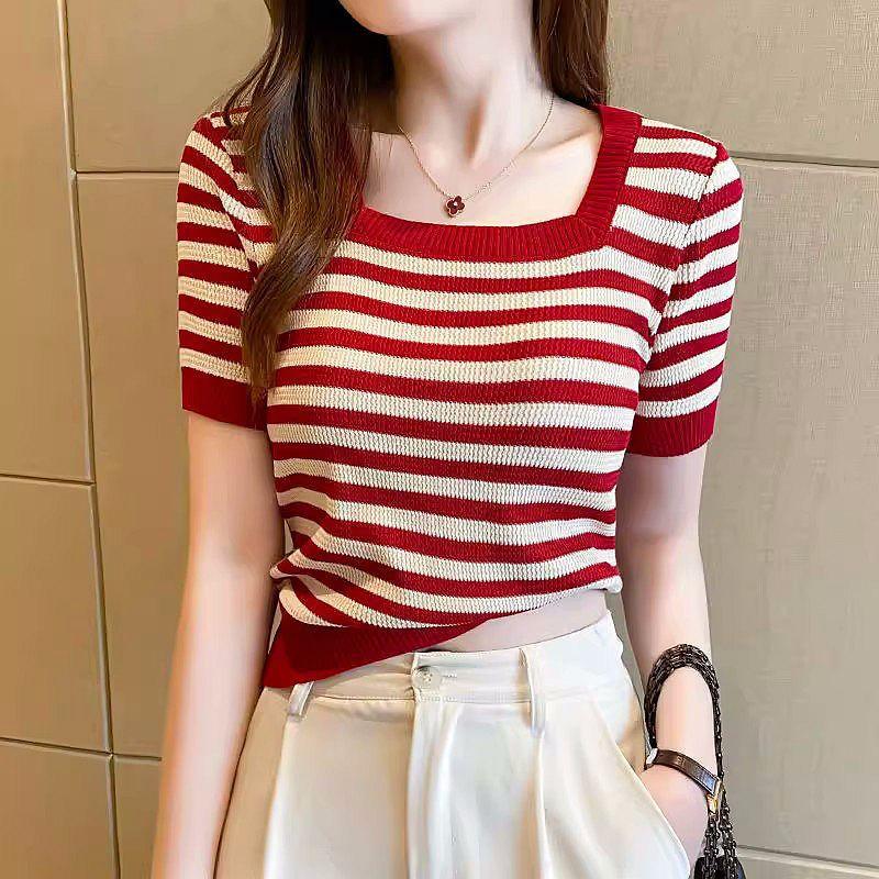 Product Introduction of Square Neck Short T-Shirt for Women New Summer Short Sleeve Slimming Stylish Striped Knitted Top 10