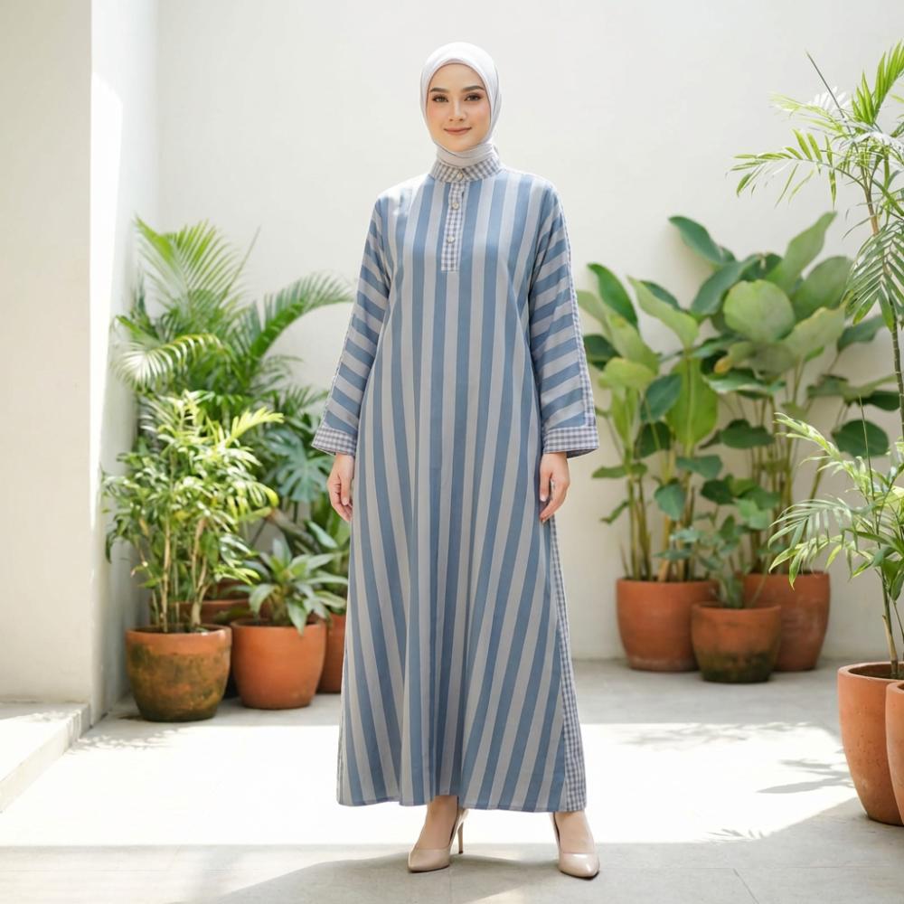 Asaya Gamis Wanita Elegan Motif Garis Kotak Biru Abu Modern Kekinian