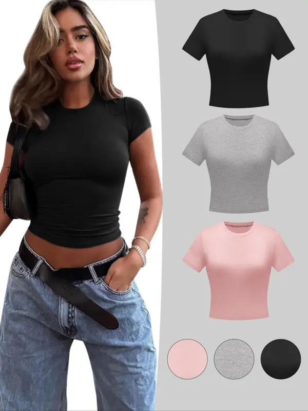 Women's Plain Round Neck Baby Tee, Breathable Casual Elegant Short Sleeve T-shirt, T Shirts for Women, Ladies Summer Clothes for Daily Wear, Summer Tops, Womenswear, Tshirt Everyday 0