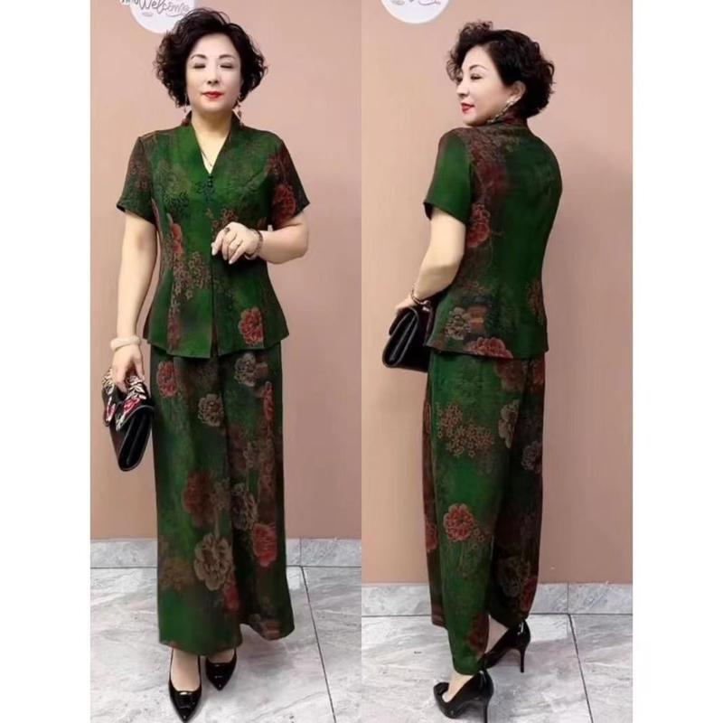 áo sơ mi nữ 2025 mẫu mớiBộ Đồ Cho Mẹ, Chất Liệu Polyester, Quần Áo Mùa Hè, Hàng Mới Về, Áo ngắn Tay Quần Ống Rộng Cạp Cao In Họa Tiết Cổ Điển, Bó Sát, Bộ Hai Mảnh, 2025 bộ  đồ  hello  kitty bộ  hoa  tây  tử đồ  bộ  cánh  dơi  nữ bộ  đồ  butterfly bộ  lanh 3