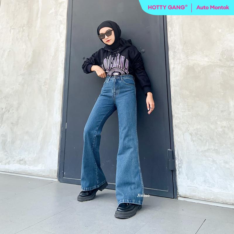 JINISO HOTTY GANG - 329 Cutbray Highwaist Celana Jeans Wanita Warna Ocean Blue 1