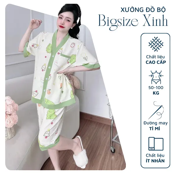 Đồ ngủ bigsize 50-100kg , bộ lửng pijama mặc nhà mềm mát Nữ Women Quần Ngủ Áo Ngủ