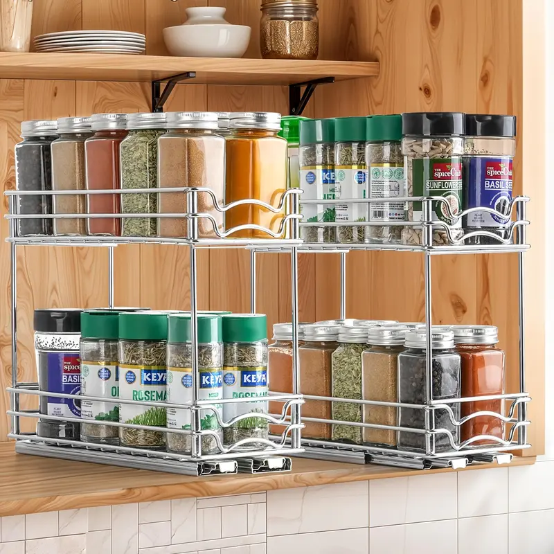 2-tier Pull-out Spice Rack, 1 Count Durable Iron Under Cabinet Storage Rack, Space-saving Kitchen Organization Rack for Home Dormitory Dining Room 0