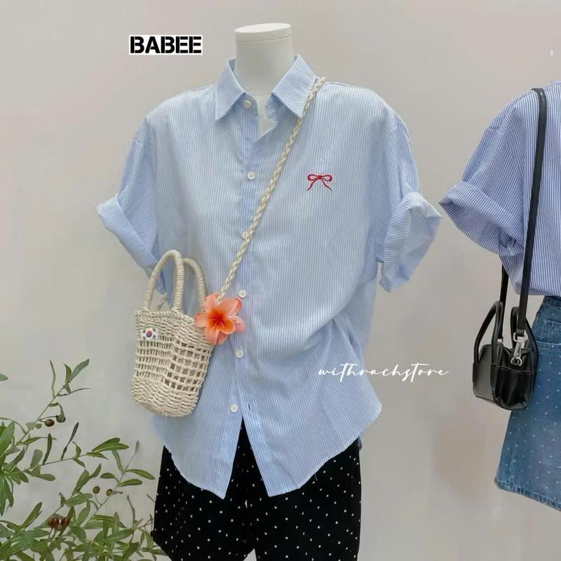 [ A18 ] Áo Sơ Mi Nữ Ngắn Tay Form Rộng Kẻ Sọc Thêu Nơ Phong Cách Hàn Quốc Qiho Women Top | BigBuy360 - bigbuy360.vn