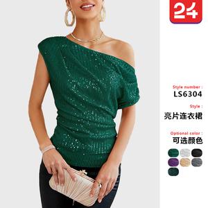 Fashionable asymmetrical shoulder dress for women, sequined summer short dress, sexy off-shoulder design, mini party dress, elegant and sleek outfit.