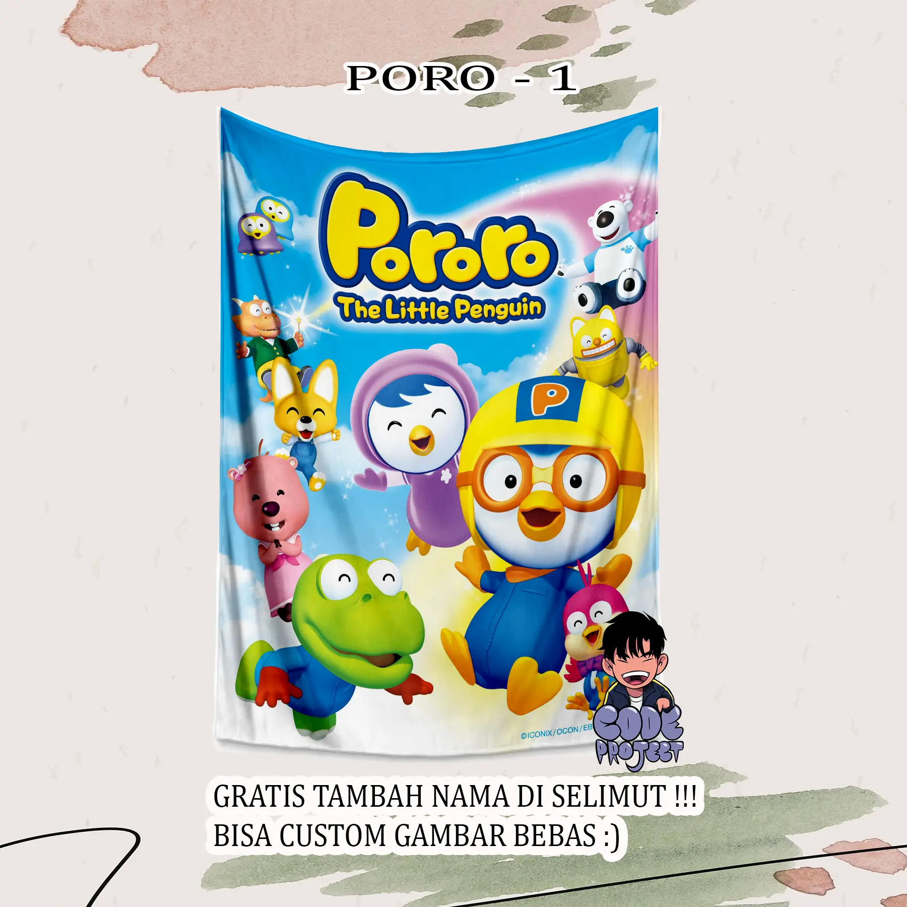 SELIMUT ANAK PORORO - selimut karakter lucu pororo - selimut anak bisa di tambahkan nama - kartun pororo