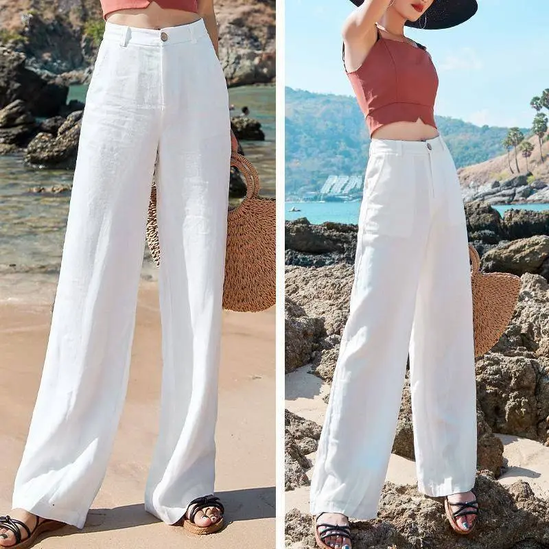 Women Summer Cotton Linen Wide Leg Pants Full Length Casual Solid White Loose High Waist Straight Trousers Women