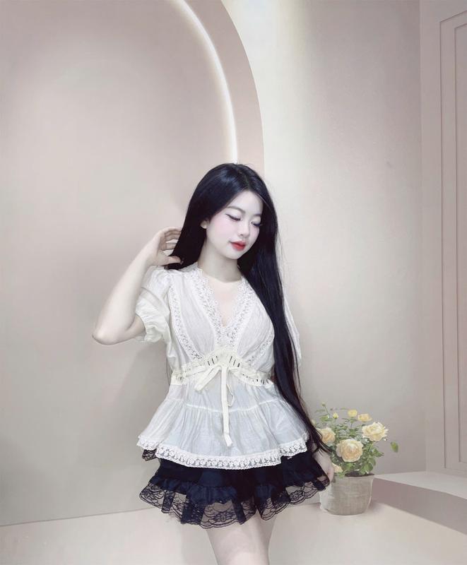 Sét bộ áo Thiểu thư cộc tay cổ V Mix Dây Đan Thắt Eo Kemc Chân Váy Tầng Xoè Trẻ TRung 4