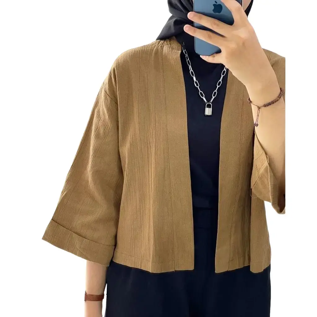 Belia Outer Wanita Crop Lengan 3/4 Outer Kiyowo Cardi Crop Top Linen Crinkle Cardigan Wanita Tangan Tanggung Oversize Kardigan blouse korean style