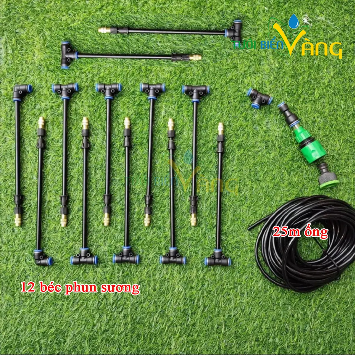 Bộ 12 béc phun sương tưới cây kèm 25m ống có cút nối vòi nước