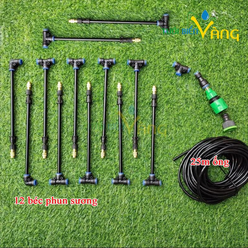 Bộ 12 béc phun sương tưới cây kèm 25m ống có cút nối vòi nước