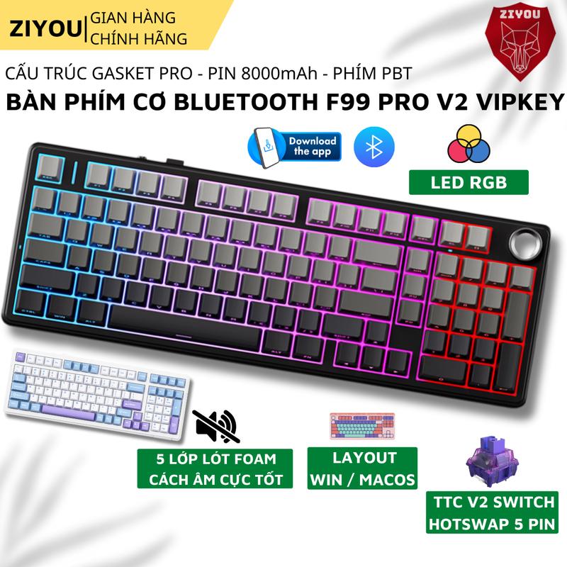 Bàn Phím Cơ Không Dây Ziyou AULA F99PRO V2 hotswap keycap xuyên LED LED RGB Núm Xoay Có APP MACRO