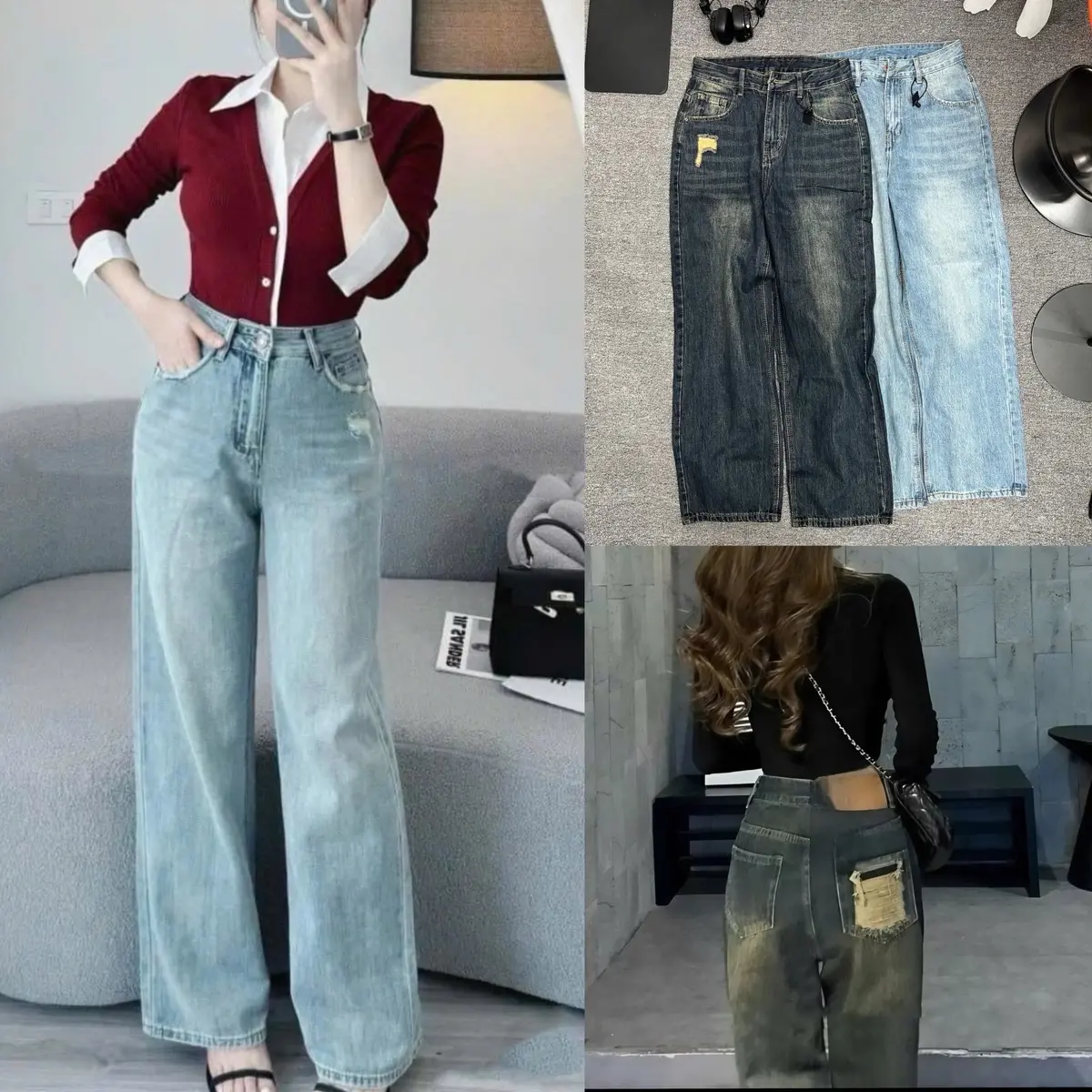Quần Jean nữ ống rộng bigsize 55-90kg chất vải QC lưng cao túi phối rách kiểu QC5006