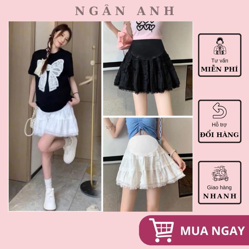 Ngân Anh Chân váy bầu xếp ly viền ren trắng - Chân váy Hàn Quốc dành cho bà Bầu có chun rút tuỳ chỉnh tiện lợi kiểu dáng thời trang siêu xinh Đầm Bầu