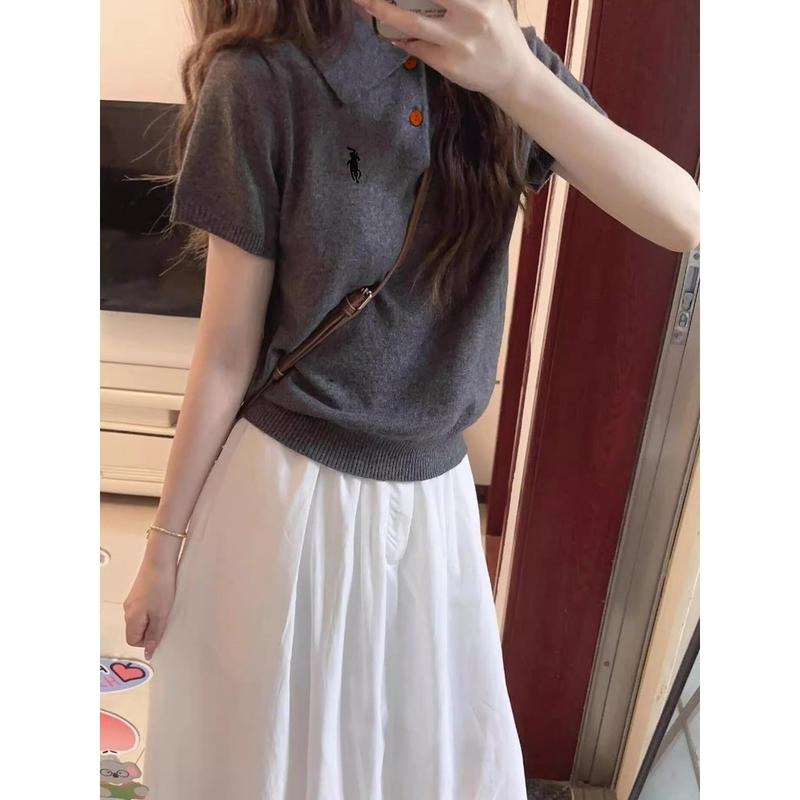 Áo len dệt kim cổ polo dành cho nữ, áo len mỏng cộc tay mongtoghi, thêu ngựa Hàn Quốc, thu đông Women Top