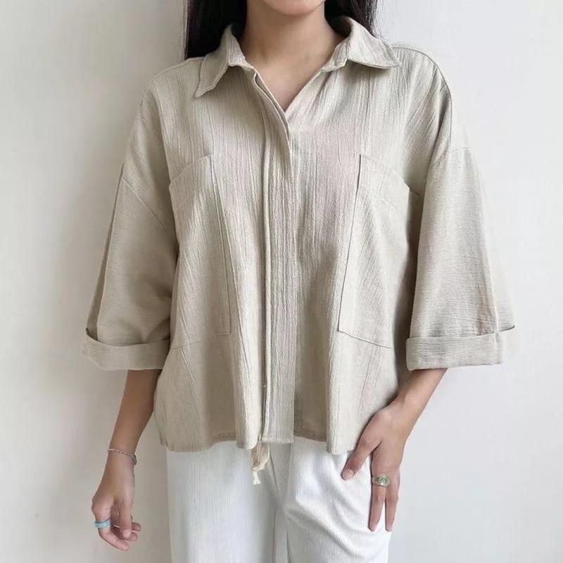 Kemeja Linen Wanita / Atasan Wanita Korean Style / COZIE TOP KEMEJA LINEN /   Blouse Korea Polos 120 Baju Crinkle Kancing Panjang Flowy Mewah 8