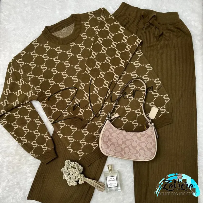 ZF - One Set Sally Oversize Atasan Model Tunik Bawahan Rajut Premium Fit Wanita Motif Huruf S Baju Cantik oneset kekinian setelan 1