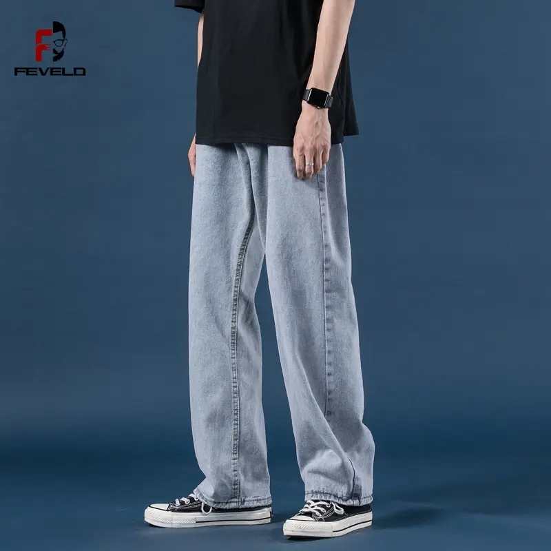 Mens Korean fashoins harem blue loose fit jeans for men hiphop style2024vintage straight pants Harajuku baggy high qualit Denim