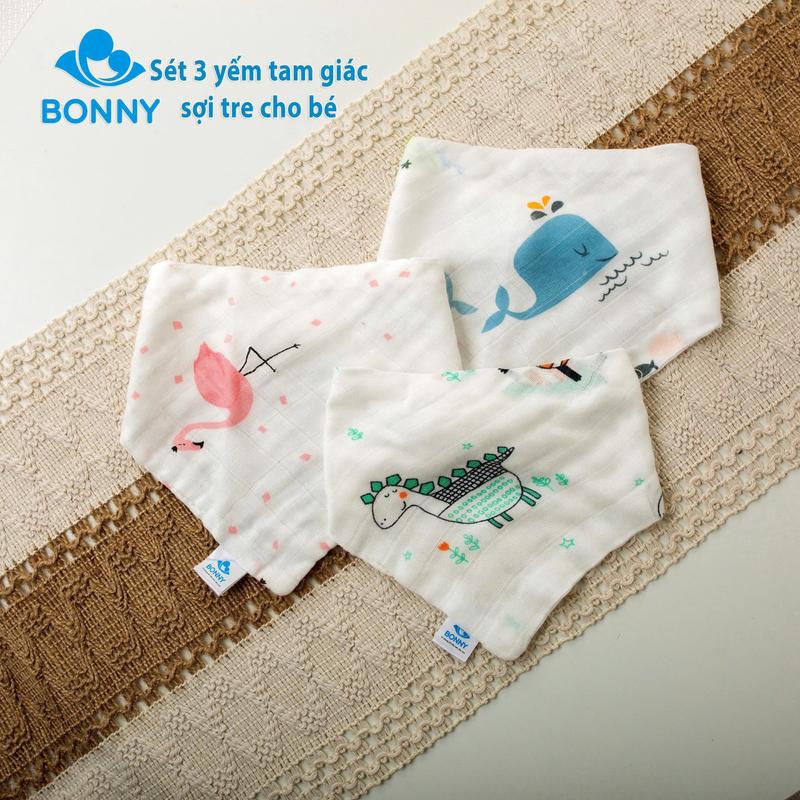  Set 3 Yếm Tam Giác BONNY Sợi Tre 4 Lớp 2 Cúc Bấm Mềm Mịn Cho Bé Từ 0-5 tuổi 