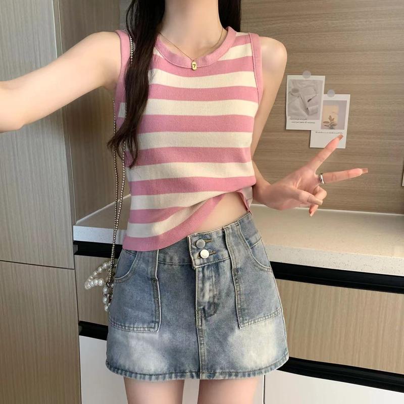 Quần Áo Nữ, Áo Vest Sọc Kiểu Pháp, Bộ Sưu Tập Mùa Hè Mới Thời Trang, Đồ Lót Ngầu Thường Ngày Áo Dệt Kim, Hợp Xu hướng, Phù Hợp Bên Trong, 2024 Top Women 7