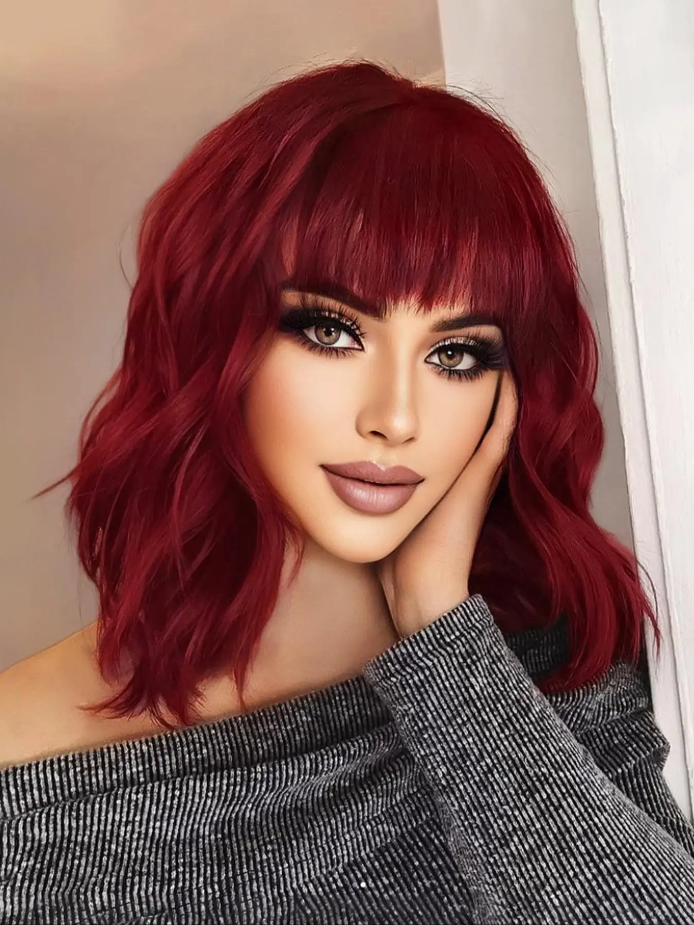 16 Inch Short Wavy Wigs for Women, Gorgeous Fluffy Wigs with Bangs, Synthetic Full Machine Wigs for Party, Daily Use