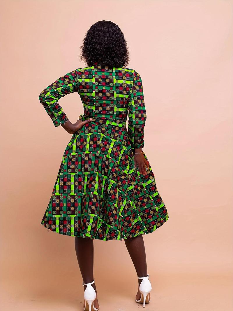Product Introduction of 【Plus Size】 Geometric Print A Line Dress, Elegant Long Sleeve Collared Dress for Daily Outdoor Wear, Women Plus Clothing for Spring 2