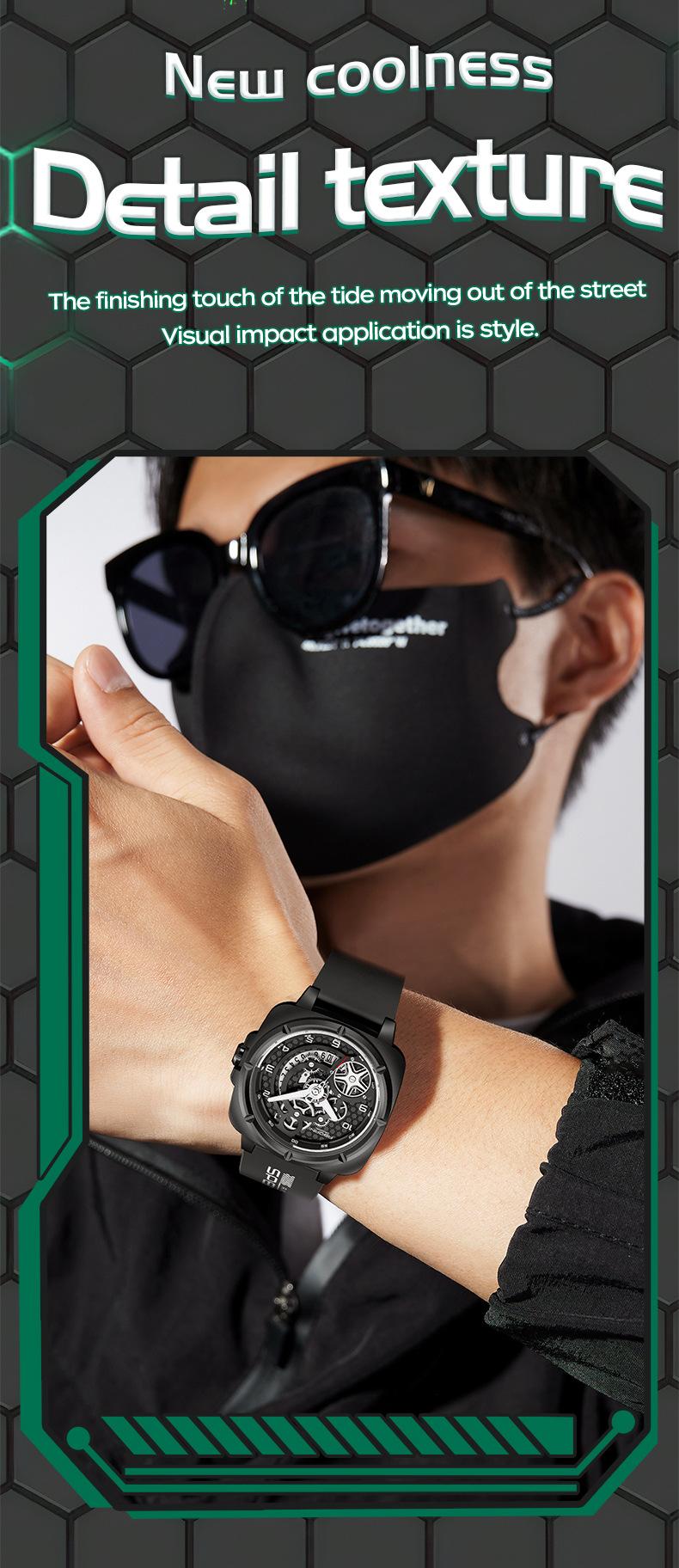 Product Introduction of Square Watch Men's Mechanical Style Sports Fashion Watch National Style Luminous Waterproof Silicone Band Quartz Watch 9