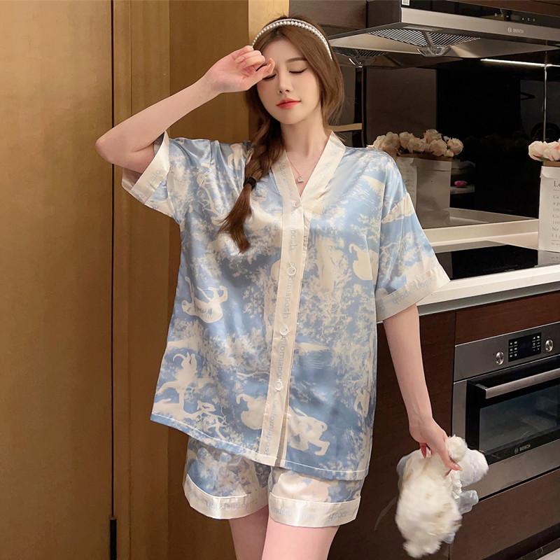 Ink Painting Ins Style Summer Women's Light Luxury Short Sleeve Loose High-end Feel Wearable Ice Silk Pajamas Loungewear Set 1