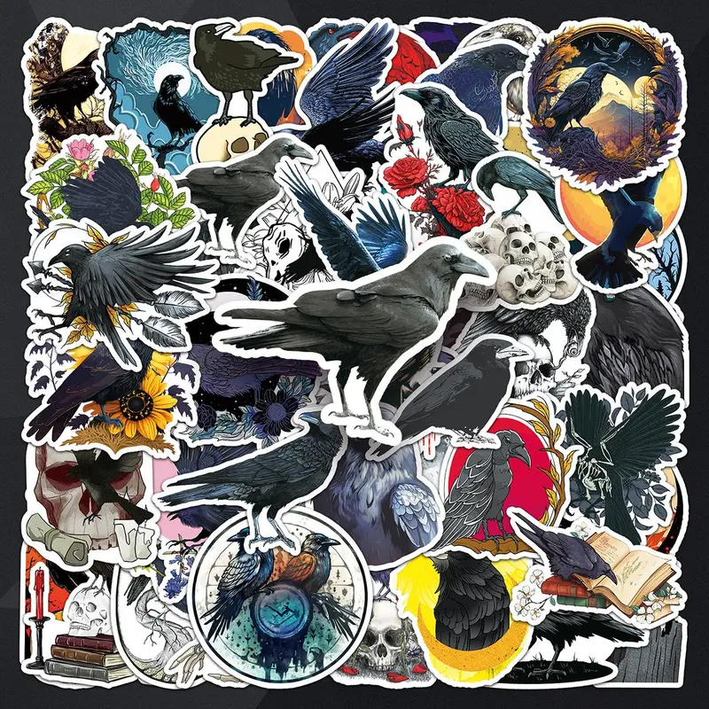 Crow Pattern Car Sticker, 50pcs/set Waterproof Self Adhesive Decor Paper, Decor Sticker for Gift Greeting Card Water Bottle Laptop Phone Case 0