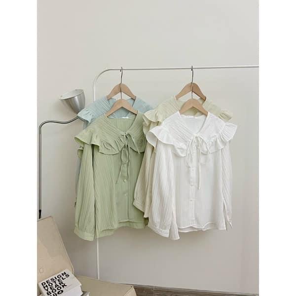 áo sơ mi  nữ babydoll cổ bèo dài tay chất ĐŨI gân kèm ảnh thật