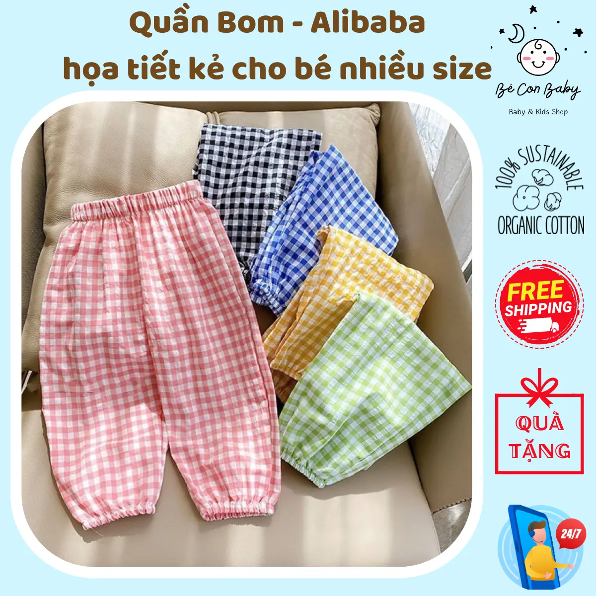 Quần Dài Chống Muỗi Cho Em Bé, Quần Bom, Quần Bo Gấu Kẻ Caro Nhỏ Thô Đũi Mềm Mịn Cao Cấp-Bé Con Baby