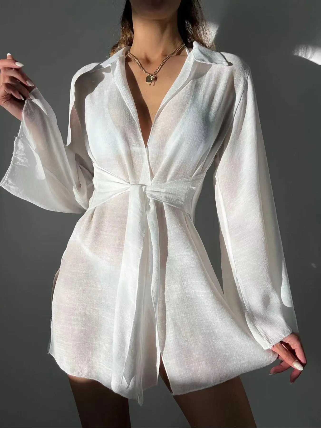 Women's Solid Sheer Split Side Tie Front Cover Up Shirt, Casual Long Sleeve Collared Cover Up for Summer, Ladies Clothes for Beach Holiday Vacation