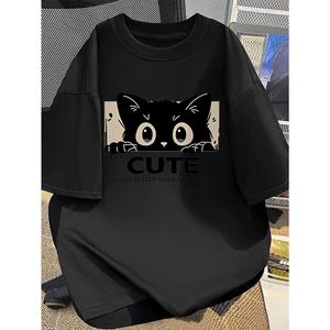 メンズ無地の半袖Tシャツ、かわいい猫のプリントとテキストデザインを採用するし、カジュアルな日常着や男女兼用通勤服に適しています。