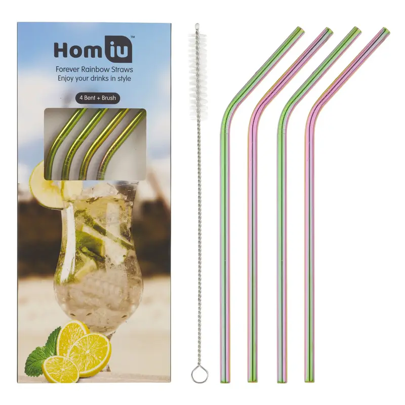 Homiu Stainless Steel Rainbow Straw Forever 4 Pack Includes Cleaning Brush Drinkware Metal 2
