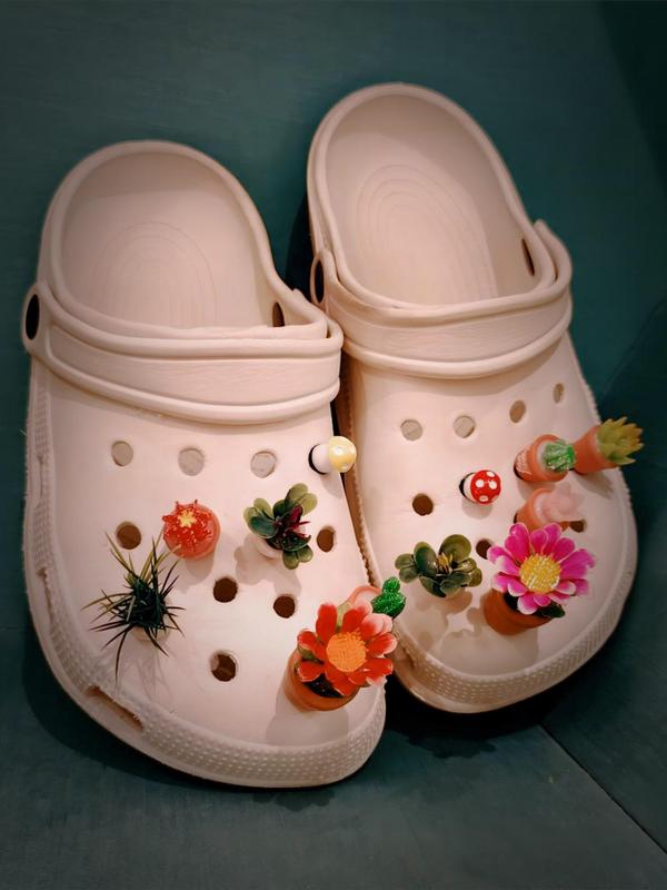 Women's Cute Pot Plants & Flower Design Clogs Charms, 12pcs/set Trendy Novelty Colorful Shoes Charms, Chic Shoes Accessories for Clogs Decor 2