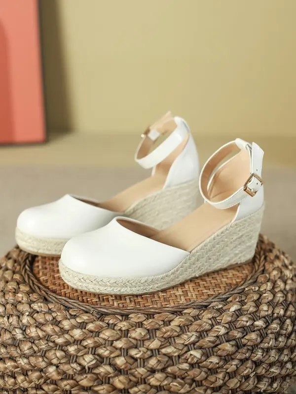 Women's Wedge Ankle Strap Sandals, Summer Outfits 2024 Boho Style Solid Color Wedge Platform Sandals for Beach Vacation, Wedge Heel Woven Shoes for Women & Girls 6