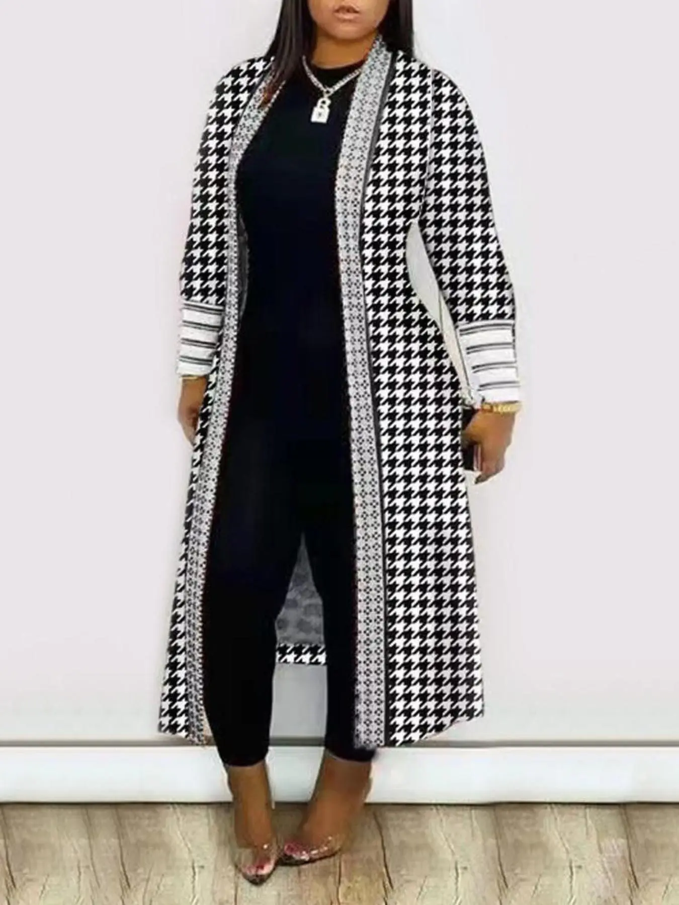 Women's Geometric Print Drop Shoulder Coat, Fashion Open Front Long Coat, Women Clothing for Spring Fall