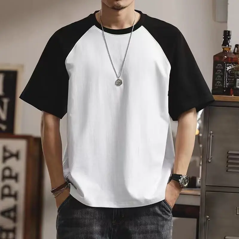 Summer New Men's Raglan round Neck Patchwork Short-Sleeved T-shirt Youth Casual Versatile Contrast Color Top T-shirt Streetwear Crewneck Human Short Sleeve Menswear Lingerie