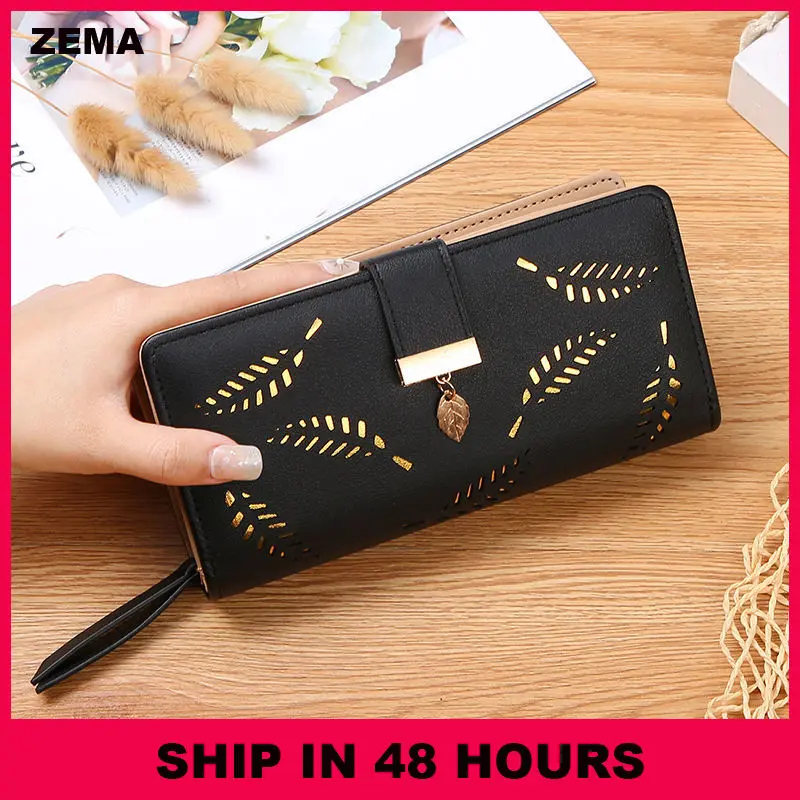 Women Wallet Hollow Golden Leaf Buckle Wallet PU Leather Purse Female Long Wallet for Women Coin Purse Card Holders Clutch