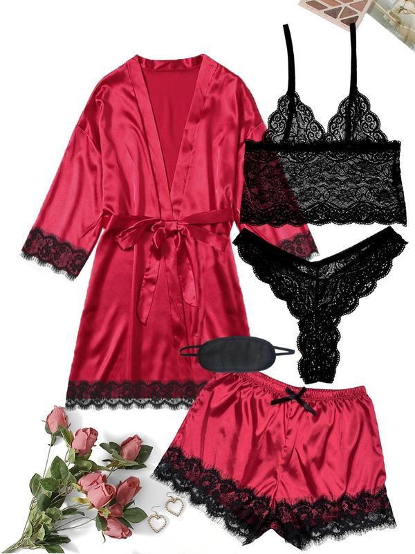 5 Counts Women's Contrast Lace Satin Pyjama Set, Casual Cami Top & Thong & Belted Wrap Lounge Robe & Bow Elastic Waist Shorts & Eye Mask Set, Pajama Sets Women, Lounge Sets, Women's Loungewear Set, Bedroom Pajamas for Married Women, Nightwear 5