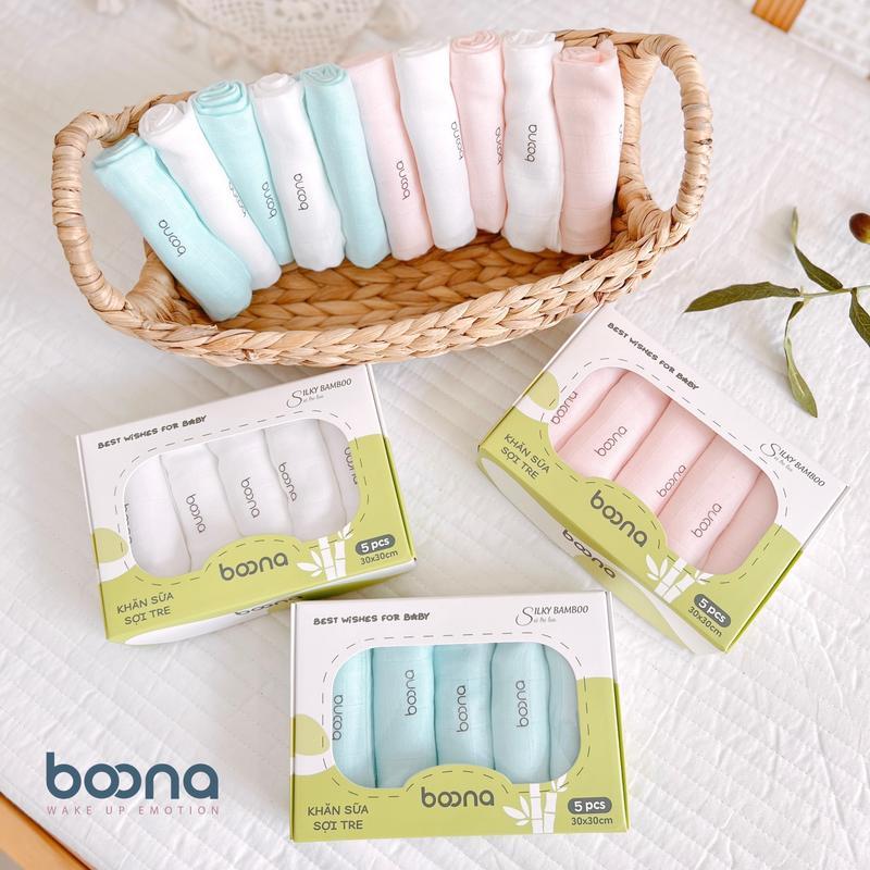  Hộp 5 Khăn Sữa Sợi Tre Hai Lớp Hàng Chính Hãng Boona Cao Cấp Chất Vải Mềm Mịn Thấm Hút Tốt Size 30x30cm 