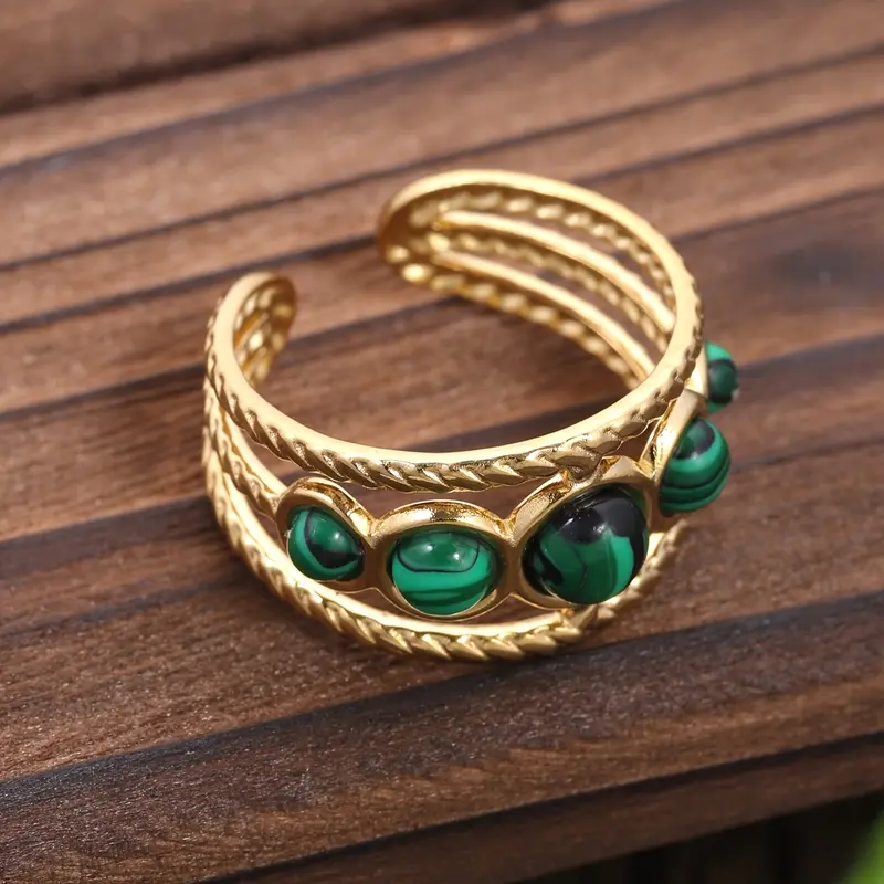 One Women Bohemian Simple Wide Face Geometric Inlaid Green Stone Open 304 Stainless Steel Ring Wide Face Hollow Design Suitable for Daily Prom Banquet Music Festival Holiday Jewelry Accessories Gifts 2