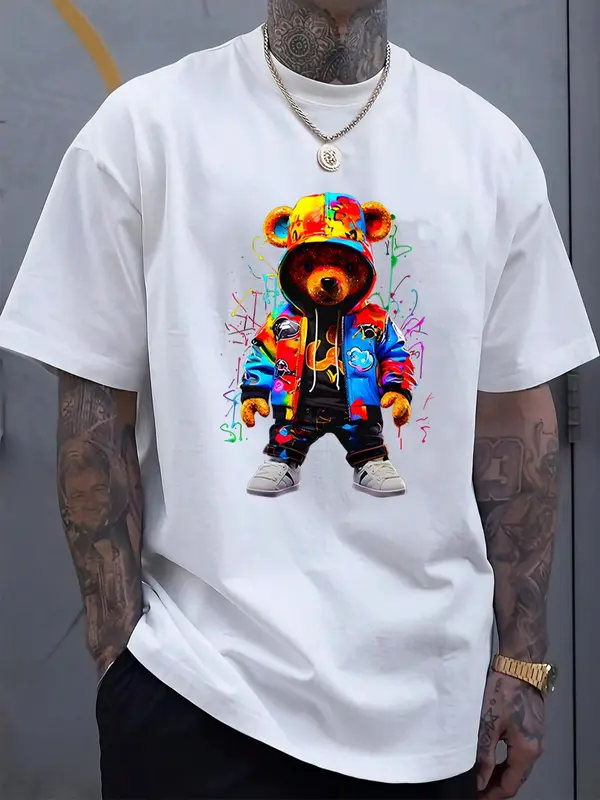 Men's Cartoon Bear Print Round Neck Tee, Regular Fit Street Style Casual Short Sleeve T-shirt, Graphic Tees, Men's Summer Top for Daily Wear 2