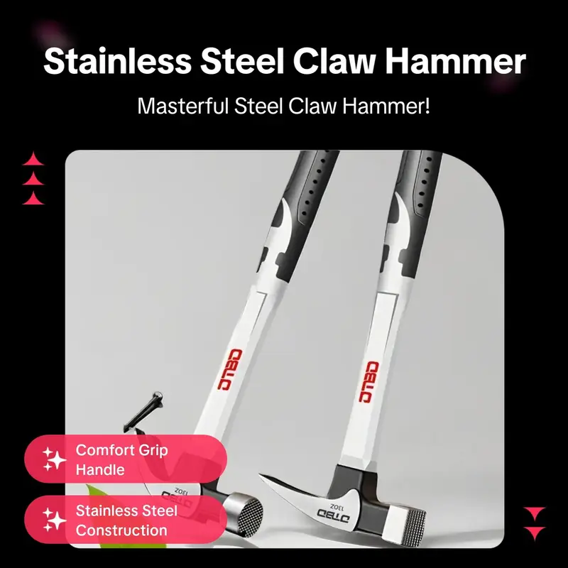 Stainless Steel Claw Hammer, Multipurpose Hammer with Comfort Grip Handle, Professional Hammer Tool for Woodworking, Home, Office, Heavy Duty, Hardware 1