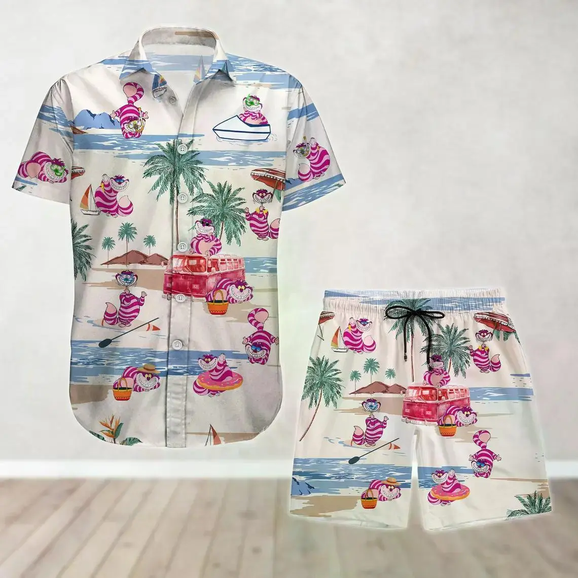 Cheshire Cat Button Shirt And Shorts, Alice In Wonderland Hawaiian Set, Trip Summer Beach Shirt, Family Vacation