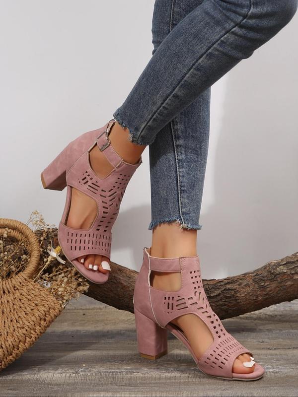 Women's Summer 2024 Fashionable Solid Color Hollowed-out Zipper High Heel Sandals, Peep Toe Sandals Chunky Heel, Ankle Strap Pumps Shoes for Party 8