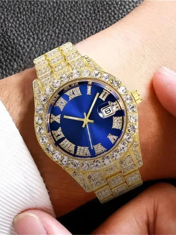Men's Rhinestone Decorated Quartz Watch with Calendar Feature, Fashionable Round Dial Watch for Party, Daily Clothing Decor, Trendy All-match & Exquisite Watch for Birthday Gift with Box 6